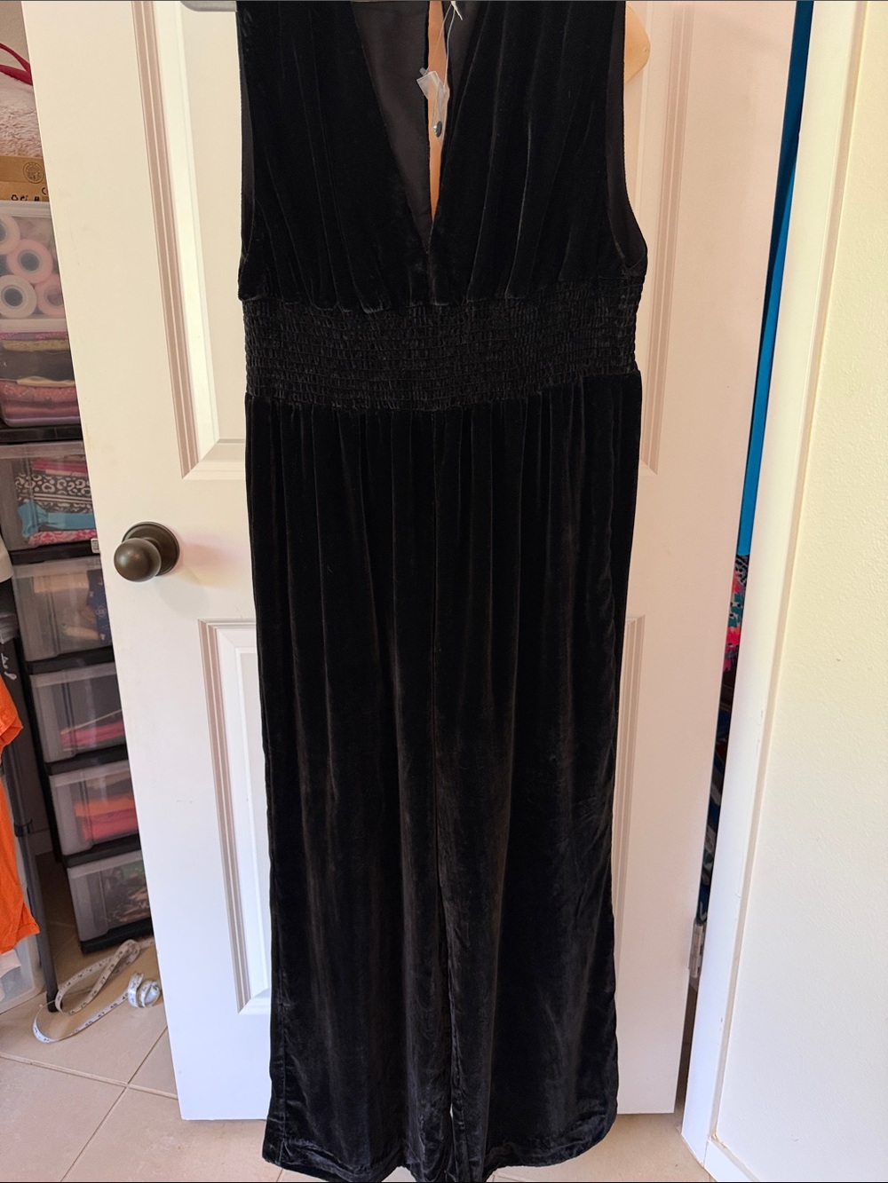 Free People Black Velvet Jumpsuit with Smocked Waist